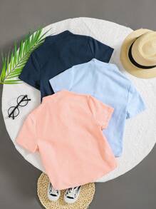 SHEIN LMoss Kids 3pcs/Set Young Boy Casual College Style Solid Color Stand Collar Linen Short Sleeve Shirt, Spring/Summer Plain Shirt For Kidskids Summer Tops