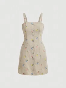 SHEIN MOD Women's Summer Casual Floral Printed Embroidered Front Button Cami Dress
