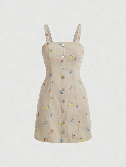 SHEIN MOD 女式夏季休闲花卉印花刺绣前扣吊带连衣裙