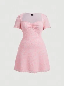 SHEIN MOD Vintage Plus Size Alice Blue Mesh Flocked Dress - Pink - View 1