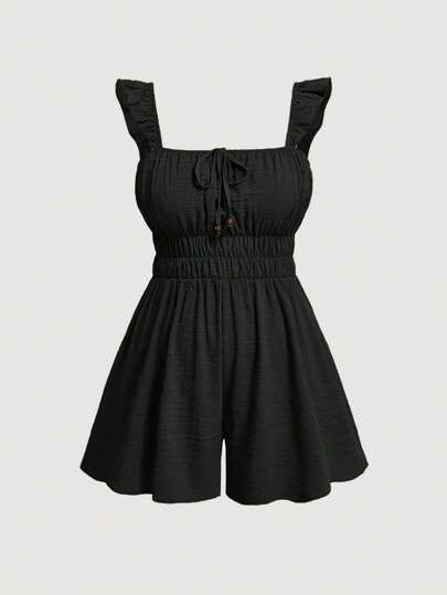 SHEIN MOD 灰綠色加大碼可愛荷葉邊細節中心前肩帶木珠裝飾連身褲