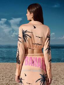 LM Estudio Artist Vacation Casual Palm Print Crop Long Sleeve Oversized Women Shirt, For Holiday, Spring, Beach, Festival, Ibiza Fits, Western Wear - Multicolor - View 2