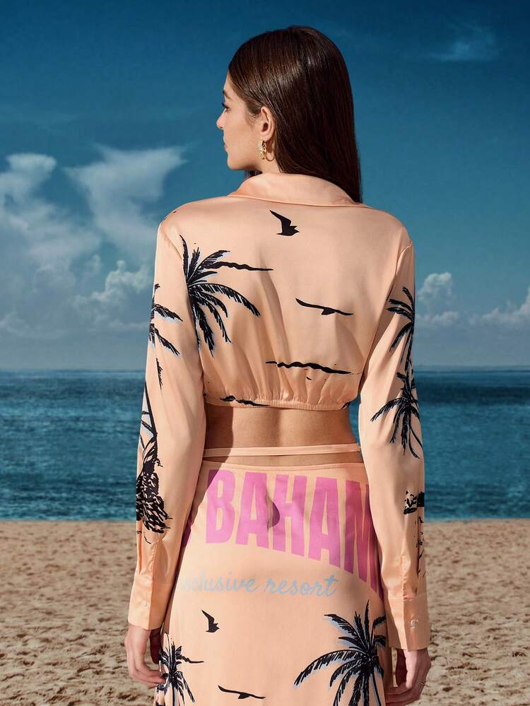 Artist Vacation Casual Palm Print Crop Long Sleeve Oversized Women Shirt, For Holiday, Spring, Beach, Festival, Ibiza Fits, Western Wear