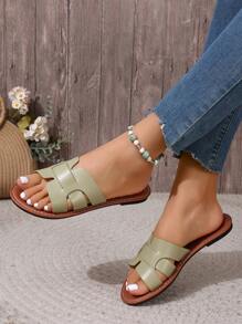 Sandalias planas informales de estilo coreano para mujeres, punta abierta, en primavera/verano/otoño, nuevos zapatos tejidos romanos para playa y resort, zapato plano elegante con falda francesa, ideal para playa, apartamento, en color blanco/beige/negro/naranja/morado/gris/dorado/plata/azul/verde/rosado/marrón/con estampado de leopardo francés, formales, vacaciones, estilo bohemio, en azul marino, zapatos de caminar, sandalias de rhinestone, zapatos de tacón grueso para mujeres, cómodos zapatos planos gruesos para playa, zuecos brillantes atados, pantuflas - Verde Oliva - Ver 2