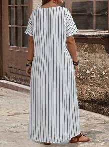 EMERY ROSE Plus Size Women's Striped Printed Batwing Sleeve Long Dress With Pockets, Loose Fit, Crew Neck, Spring/Summer