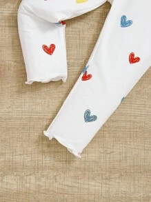 Baby Girls' Casual Heart Pattern Short Sleeve Top And Elastic Waist Long Pants Set