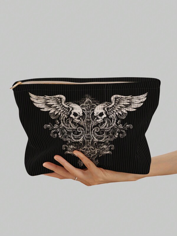 ROMWE Goth Skull Pattern Double-Sided Printed Corduroy Cosmetic Bag