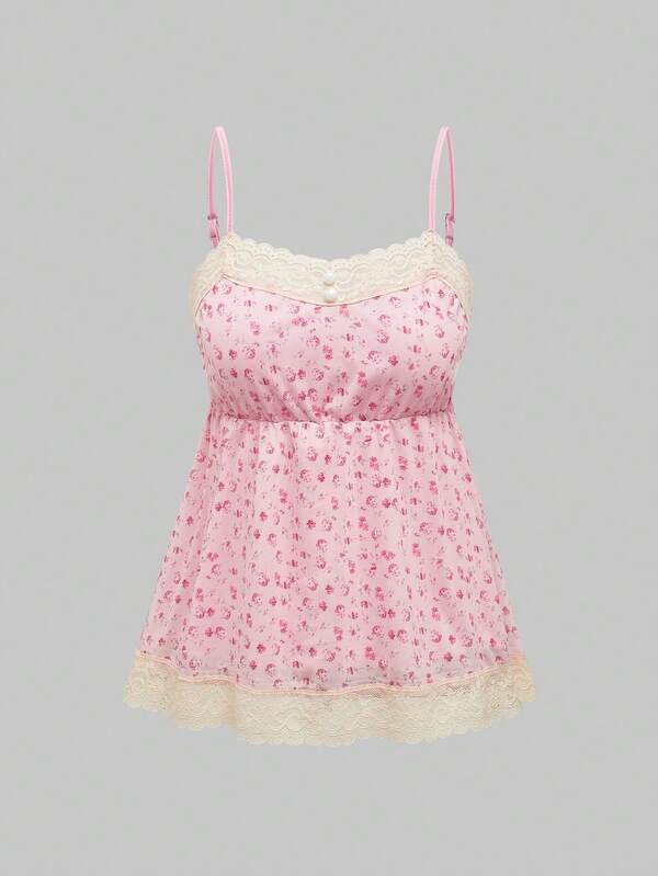 ROMWE Kawaii Women Random Printed Lace Trim Cami Cami Top