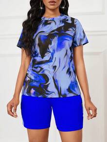 SHEIN Slayr Casual Marble Pattern Short Sleeve Top And Shorts Summer 2pcs Outfits - Blue - View 6