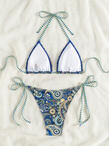 SHEIN Swim Women Floral Print Halter Neck Tie Sexy Bikini Set, Holiday, Random Print,Summer Beach