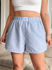 SHEIN EZwear Shorts de mujer de tallas grandes con rayas, corte slim y cintura elástica para el verano