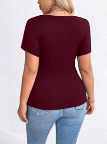 SHEIN Clasi Women's Plus Size Summer Solid Color V-Neck Short Sleeve Casual T-Shirt - Burgundy - View 2