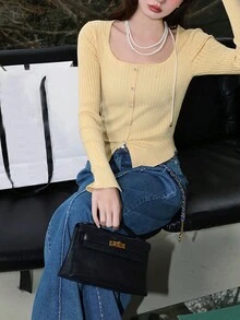 女式复古方领仿开衫套头衫，秋冬 - 黃色 - 查看 3