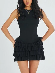 SHEIN EZwear 女士時尚圓領純色修身雙層連衣裙