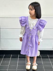 2pcs Young Girl Textured Ruffle Sleeve Top And Ruffle Armhole Dress Set - Purple - View 3