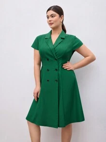 BizChic Plus Size Dames Zomer Effen Kleur Groen Pak Kraag Double-Breasted Kapmouw Elegante Business Casual Werkjurk