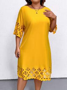 EMERY ROSE Plus Size Women's Summer Solid Color Round Neck Burnout Hollow Out Elegant Dress With 3/4 Sleeves