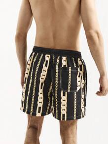 Surfspeed Men Drawstring Waist Chain Print Casual Loose Beach Shorts - Black - View 2