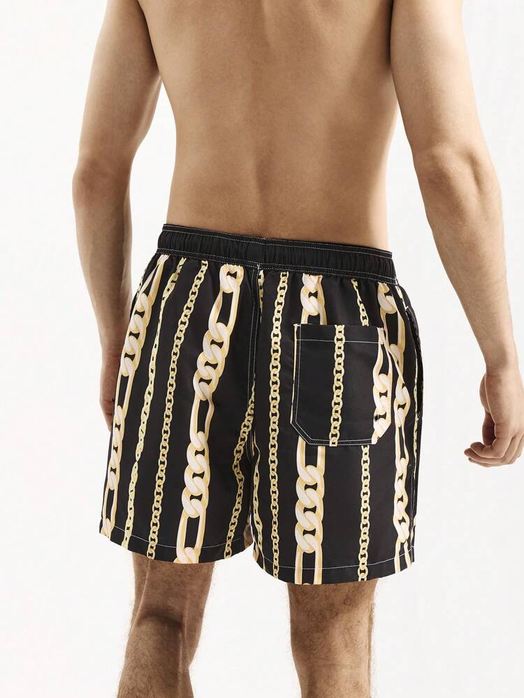 Men Drawstring Waist Chain Print Casual Loose Beach Shorts