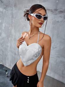 GENKIRA Music Festival Sweet & Cool Gradient Layered Heart Shaped Sexy Backless Camisole With Straps For Women - Silver - View 3