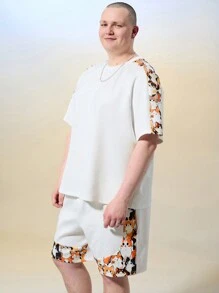 Manfinity VCAY 2pcs/Set Men Plus Size Knitted Loose Fit Short Sleeve T-Shirt Outfit - White - View 4