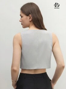 BizChic 秋冬简约纯色无袖西装外套，都市通勤商务休闲夹克，女士正装 - 淺灰色 - 查看 6