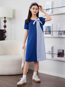 SHEIN Tween Girl Loose Casual Round Neck Color Blocking Bow Decorated Mid-Length Dress