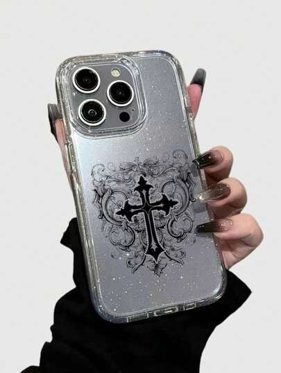Goth 1 pezzo Custodia per telefono in stile gotico con motivo a croce trasparente e glitter, adatta per Ognissanti
