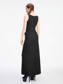 ROMWE Gothic Metal Strap Decor Slit Design Women's Slip Dress, Suitable For Layering - Black - View 5
