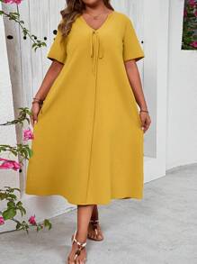 SHEIN VCAY Plus Size Holiday Leisure Yellow Cotton Dress With Pockets - Yellow - View 5