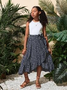 SHEIN Tween Girl casual lente/zomer gebreide mouwloze tanktop met vrolijke gebloemde rokset met ruches