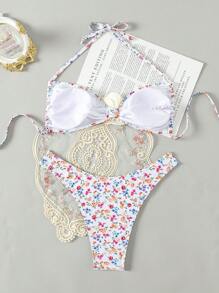 Swim Mod Women Floral 3D Flower Bikini Set With Neck Strap And Swimwear Bottoms Summer - Apricot - View 4