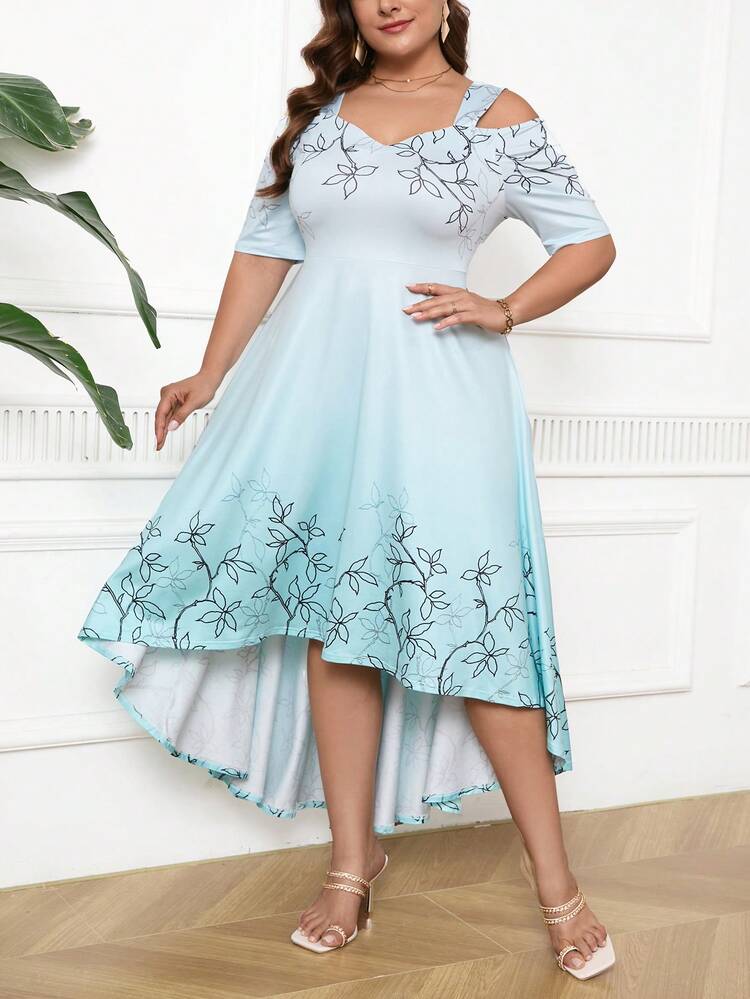 Plus Size Women's Summer Holiday Floral Print Off-The-Shoulder High-Low Hem Elegant Dress