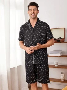 Men's Star Printed Single Breasted Short-Sleeved Top And Plaid Shorts Casual Home Suit Set
