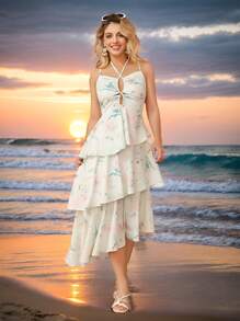 Aveloria Vestido elegante y fresco con múltiples estampados inspirados en vacaciones, cuello halter y dobladillo con volantes en capas