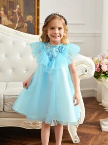 SHEIN Young Girls' Loose Cute Sequin Lace Splice Ruffle Hem Mesh Dress - Blue - View 3