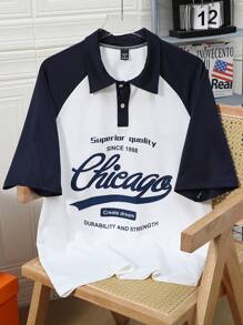 Claim Dot Áo thun polo cổ bẻ phong cách đại học rộng rãi cho nam, in khẩu hiệu, tay áo raglan, thích hợp mặc đi chơi, mặc cùng bạn bè, mặc khi chơi bóng chày - Nhiều màu - Xem 3