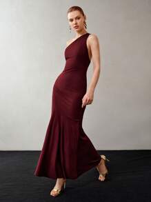 MOTF PREMIUM SOLID ONE SHOULDER MERMAID HEM COCKTAIL DRESS - Burgundy - View 5