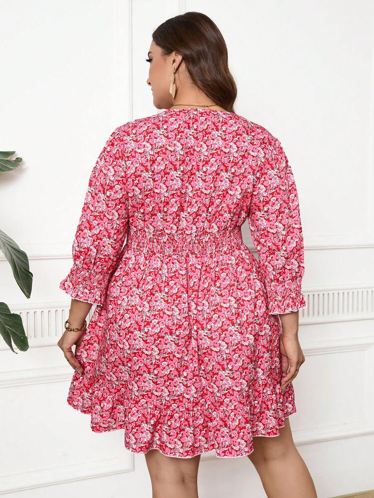 Plus Size Summer Casual V-Neck Ditsy Floral Drawstring Waist Summer Dress