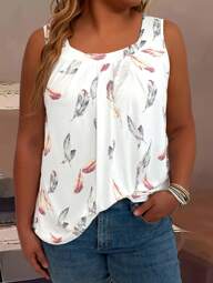 Plus Size Women's Feather Print Round Neck Pleated Loose Tank Top For Summer Graphic Tees Women Tops
