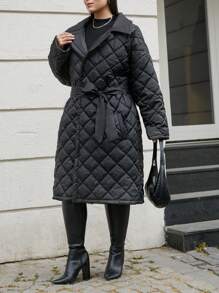 SHEIN Cottnline Plus Size Belted Puffer Quilted Coat - Black - View 3
