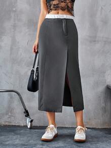 Aveloria Affinna Summer Casual Color-Block Elastic Waist Ruched Slit Design Skirt