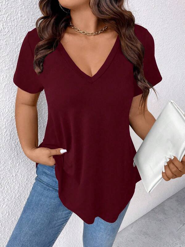 EMERY ROSE Plus Size Summer Casual Solid Color V-Neck Short Sleeve T-Shirt With Curved Hem