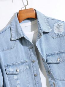 Manfinity Homme Men's Casual Button-Down Denim Shirt With Letter Print And Distressed Detail - Light Wash - View 3