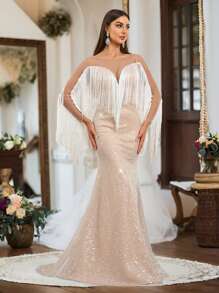 SHEIN Belle Vestido elegante y con atmósfera blanca en contraste con un gran cuello redondo de malla color caqui y un corazón de perspectiva con graciosos flecos y cola de sirena en la espalda en perspectiva de malla en forma de V para bodas, eventos, vacaciones bohemias al aire libre, bodas en jardines de cóctel - Blanco - Ver 9