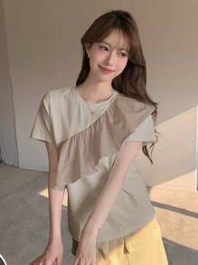 DAZY 女士夏季圓領短袖休閑T卹，褶邊拼接設計 - 杏色 - 查看 2