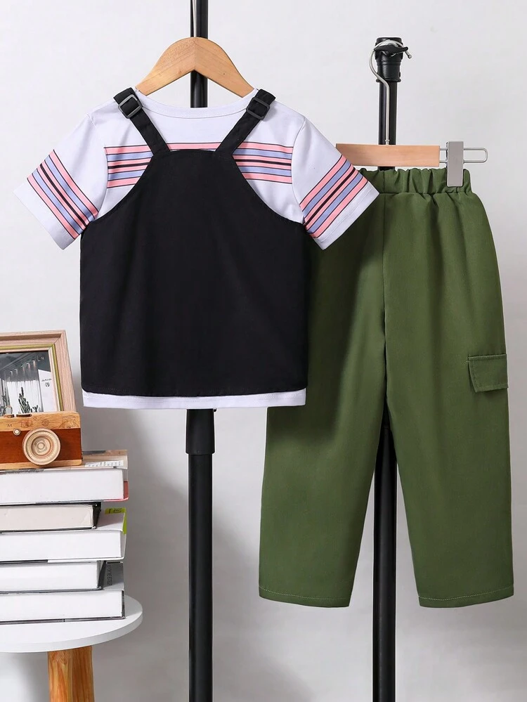 2pcs Young Boy Casual Sporty Street-Style Workwear Vest With Pockets, Striped Print T-Shirt And Utility Pants, Suitable For Everyday Wear And Outings In Spring And Summer