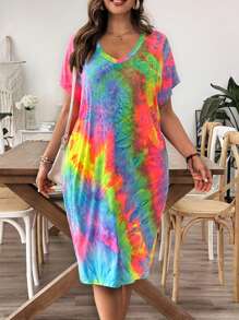 SHEIN LUNE 大码女式彩色扎染短袖夏季连衣裙 - 彩色 - 查看 4