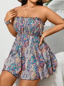 Swim Lushoire Plus Size Summer Beach Casual Paisley Printed Vacation Bandeau Tankini Set - Multicolor - View 1