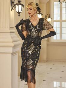 1920s Vintage Flapper Dress, Mesh Fringe Sequin Party Dress Elegant Cocktail Semi Formal Prom Wedding Guest Dress, For Birthday, Graduation, Dinner, Homecoming - Gold - View 5